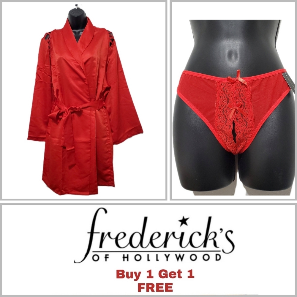 Frederick's Of Hollywood Women's Red Satin Robe & Crochless Panty 2Pc Set